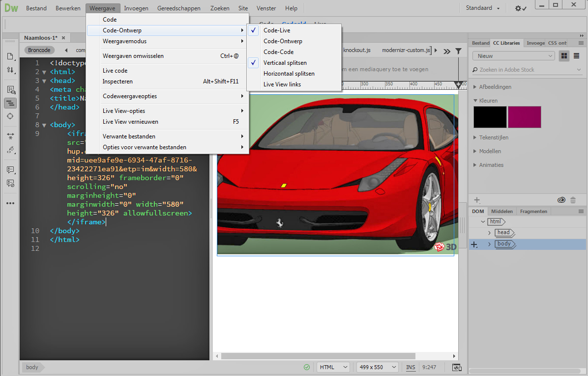 De instelling van het werkgebied van Adobe Dreamweaver